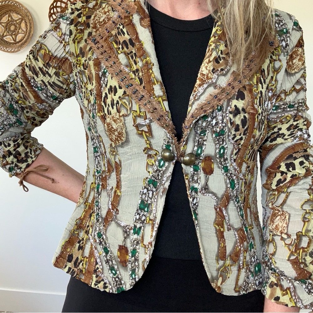 Alberto Makali Embellished Animal-Print Blazer in Beige, Brown & Green